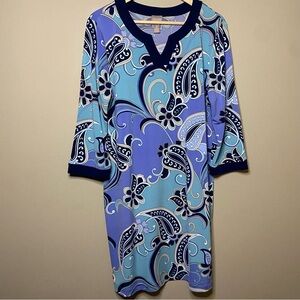 Chico’s V-Neck Shift Dress Large Blue Purple Paisley 3/4 Sleeve Office Church